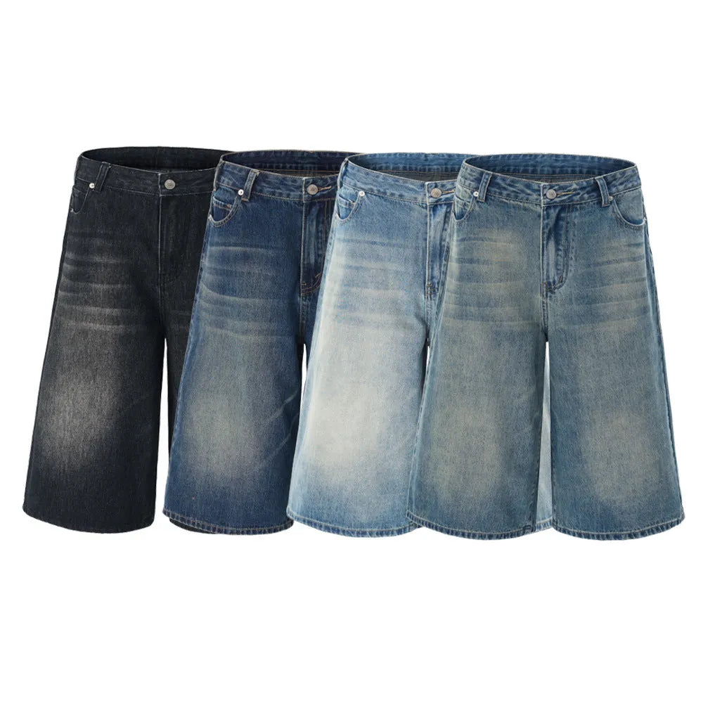 Men's loose straight leg denim summer shorts in cropped length showing light blue colour option