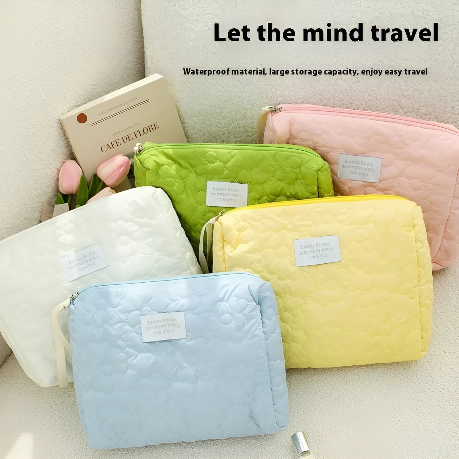 Quilted silk storage bag for women in candy colours showing medium and large size options