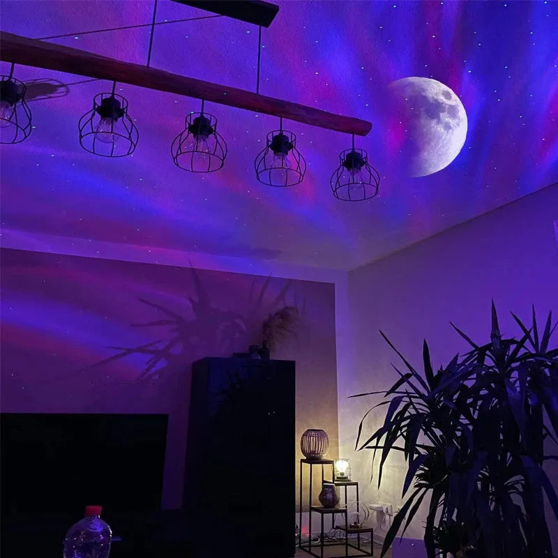 White ABS plastic star projector lamp with aurora borealis and galaxy night sky projection effects