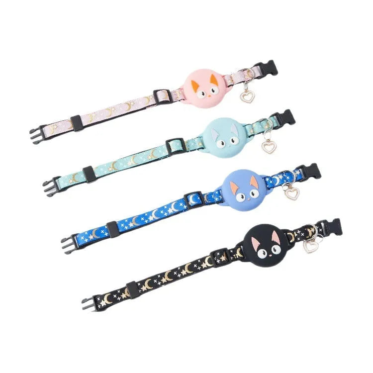 Adjustable plastic cat collar with integrated Apple AirTag protective case in pink, blue, light green, or black