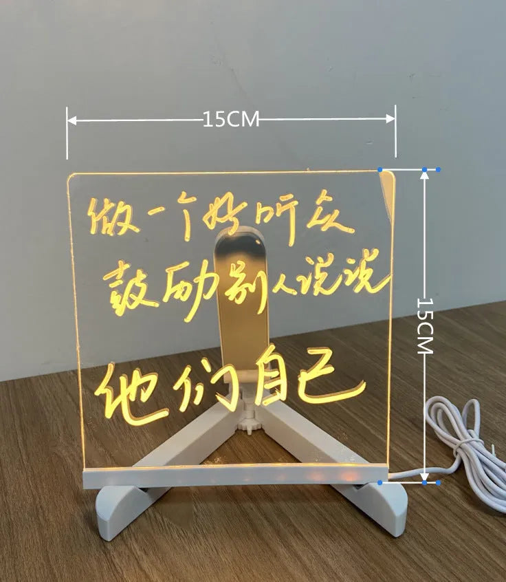 Acrylic DIY message board LED night light with pens on transparent writing panel