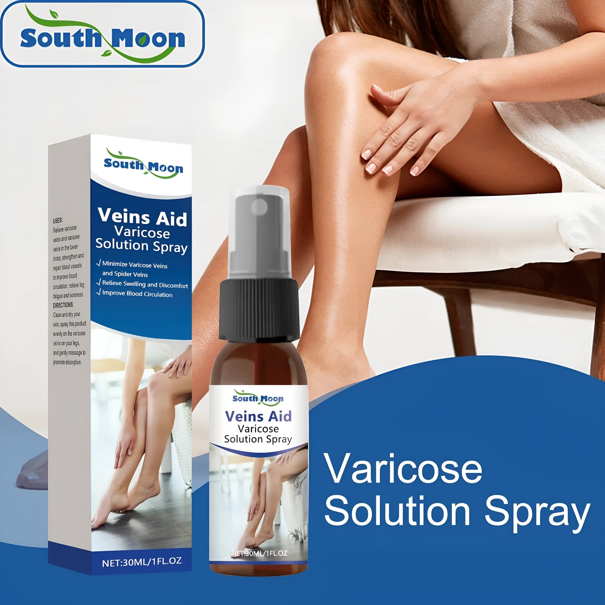 30 ml bottle of leg care spray with menthol, ginger and horse chestnut for daily massage.
