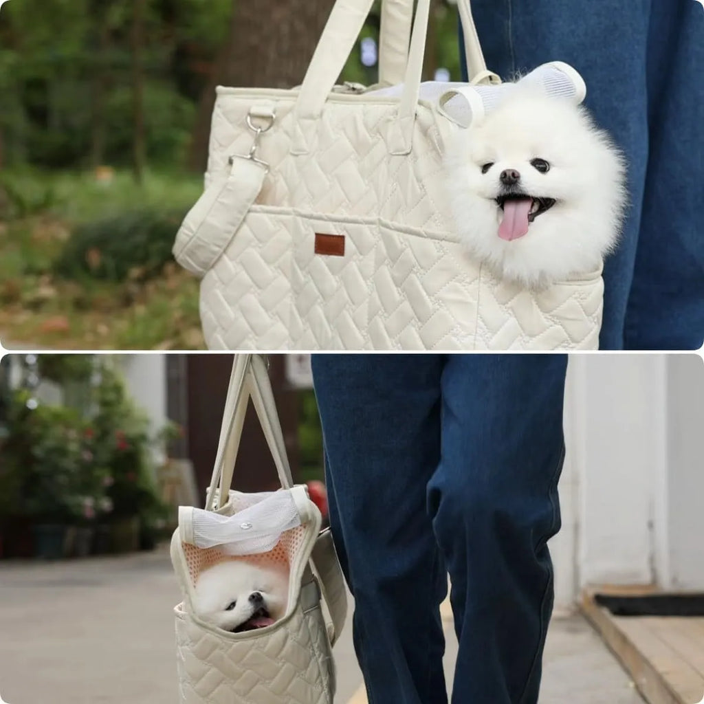 Grey and white pet carrier handbag with mesh panels and multiple pockets for cat or small dog transport