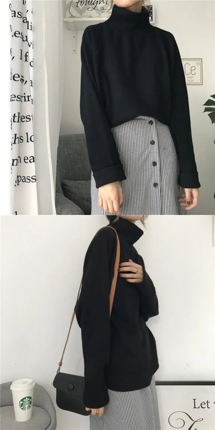 Women's solid colour long sleeve top with half-high collar in loose fit