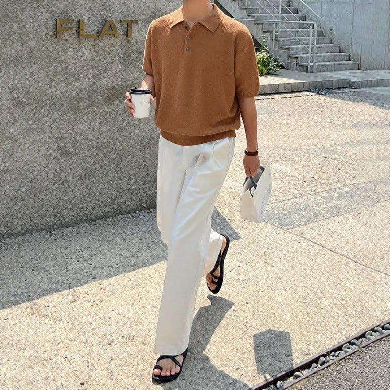 Men's caramel coloured retro knitted polo shirt with asymmetric design and short sleeves