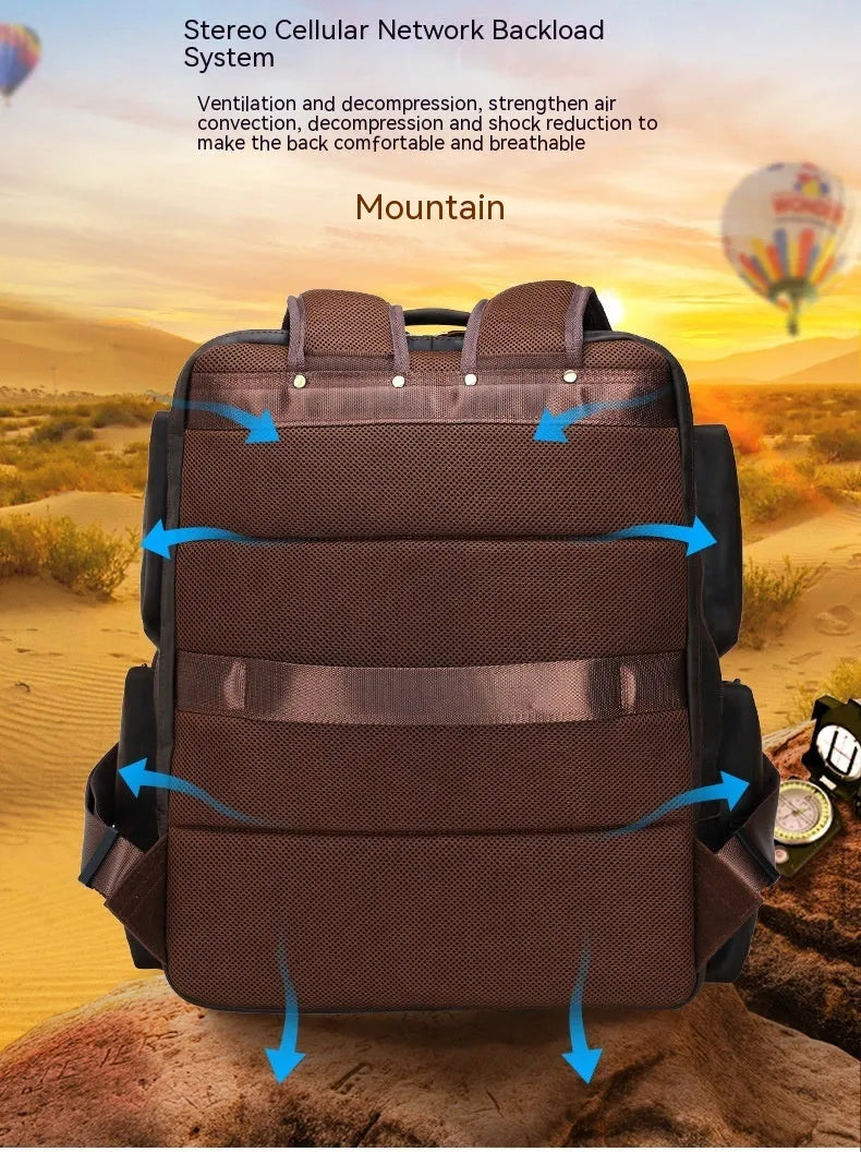 Dark brown Retro Crazy Horse leather backpack for a 17-inch laptop, showing internal organiser pockets.