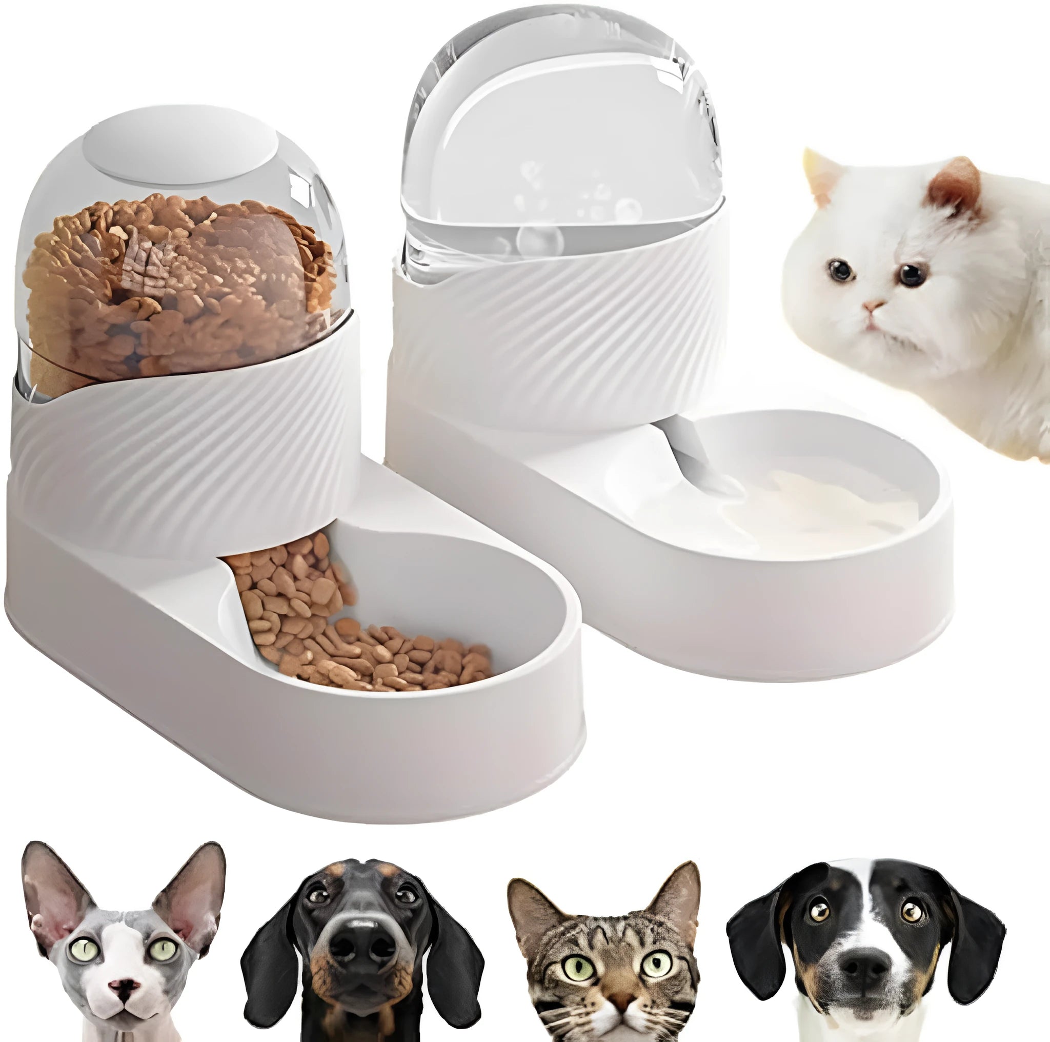 White gravity cat feeder and water dispenser set with wave-shaped design, 2L capacity each.