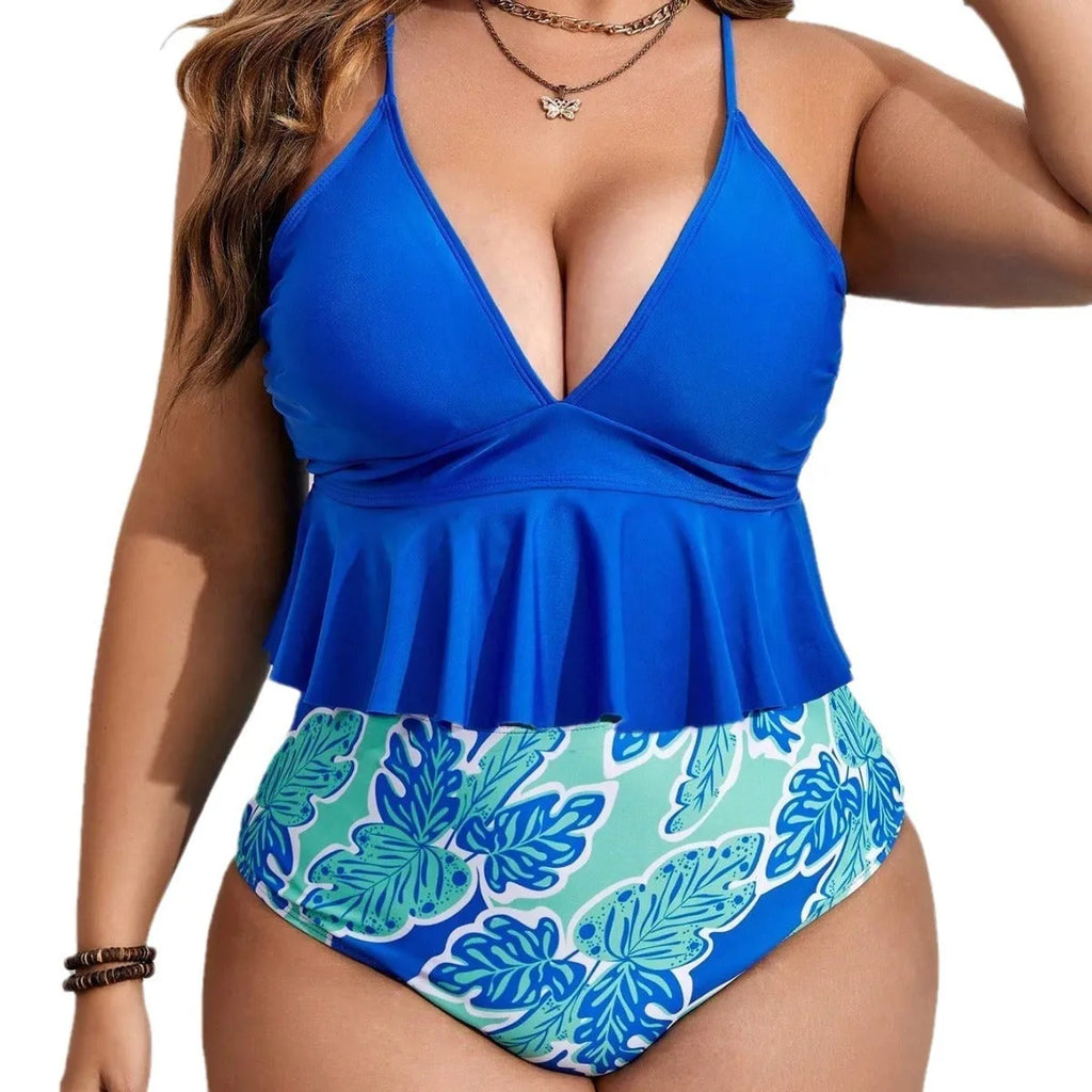 Blue polyester fibre bikini set with top and shorts for sizes 0XL to 4XL.