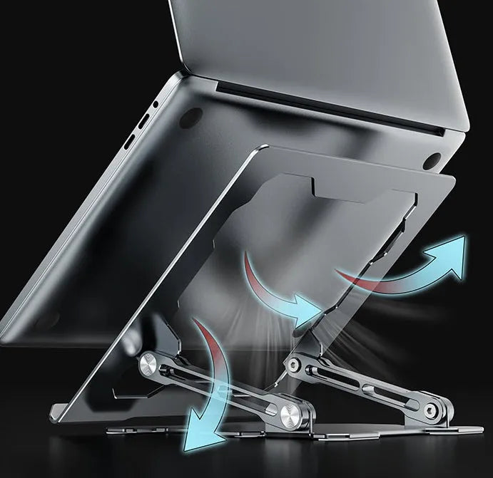 Grey aluminium adjustable laptop stand in folded position showing hollow design and silicone pads