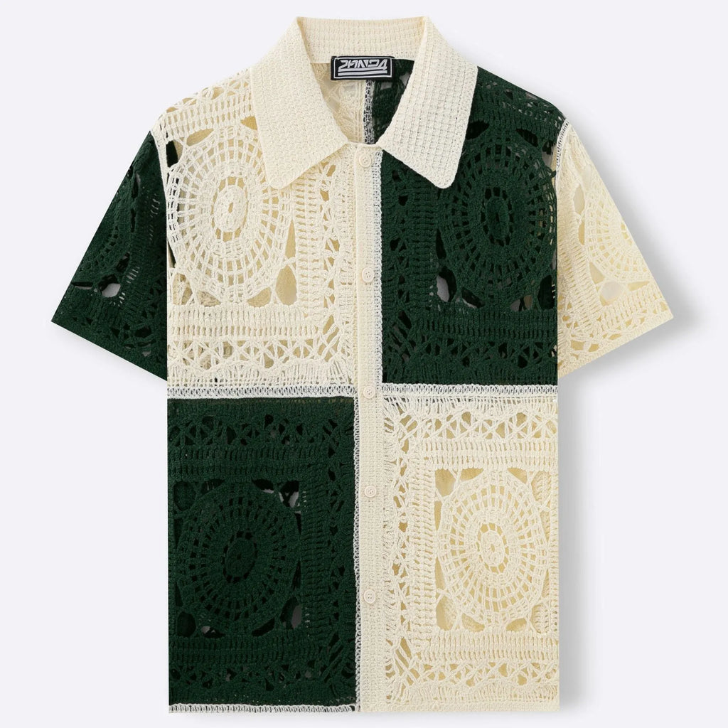 Beige men's knitted shirt with colourblock pattern and flocked detailing on short sleeves