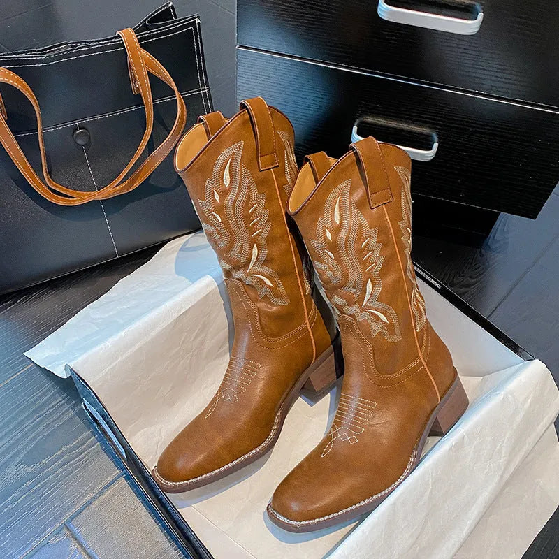 Brown women's embroidered Martin boots with leather lining and round toe