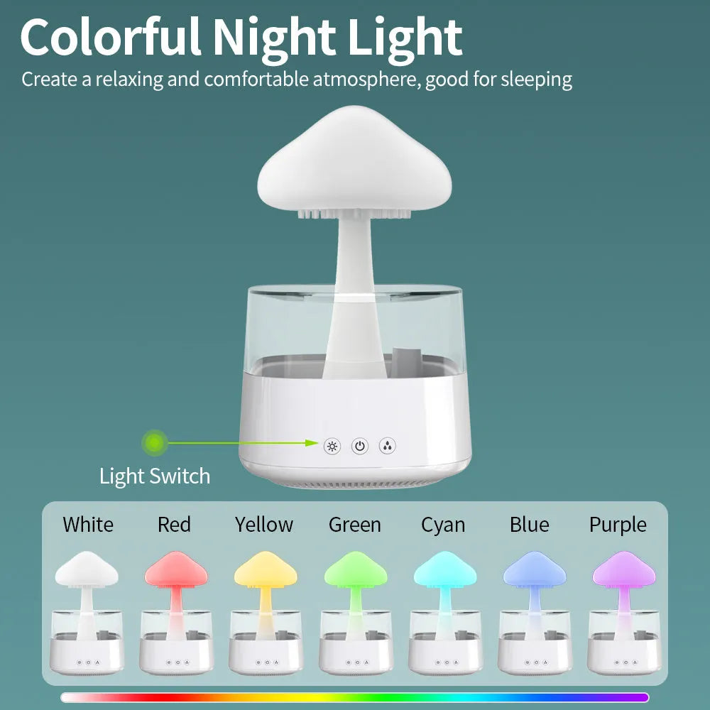 White raining cloud mushroom lamp humidifier and aromatherapy diffuser on a desk.