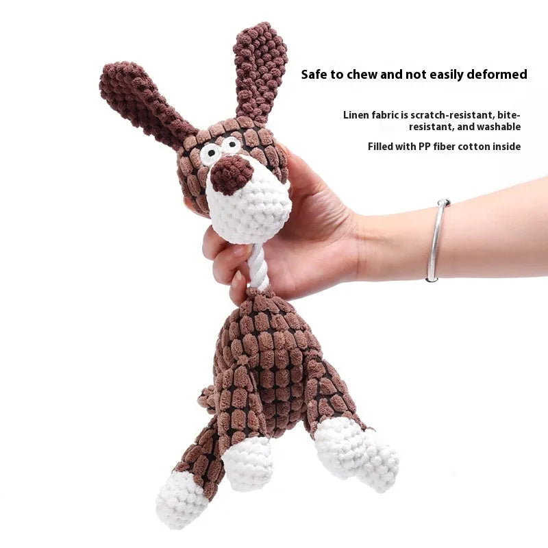 Bite-resistant plush puppy toy showing donkey, rechargeable duck, elephant, and dog styles.