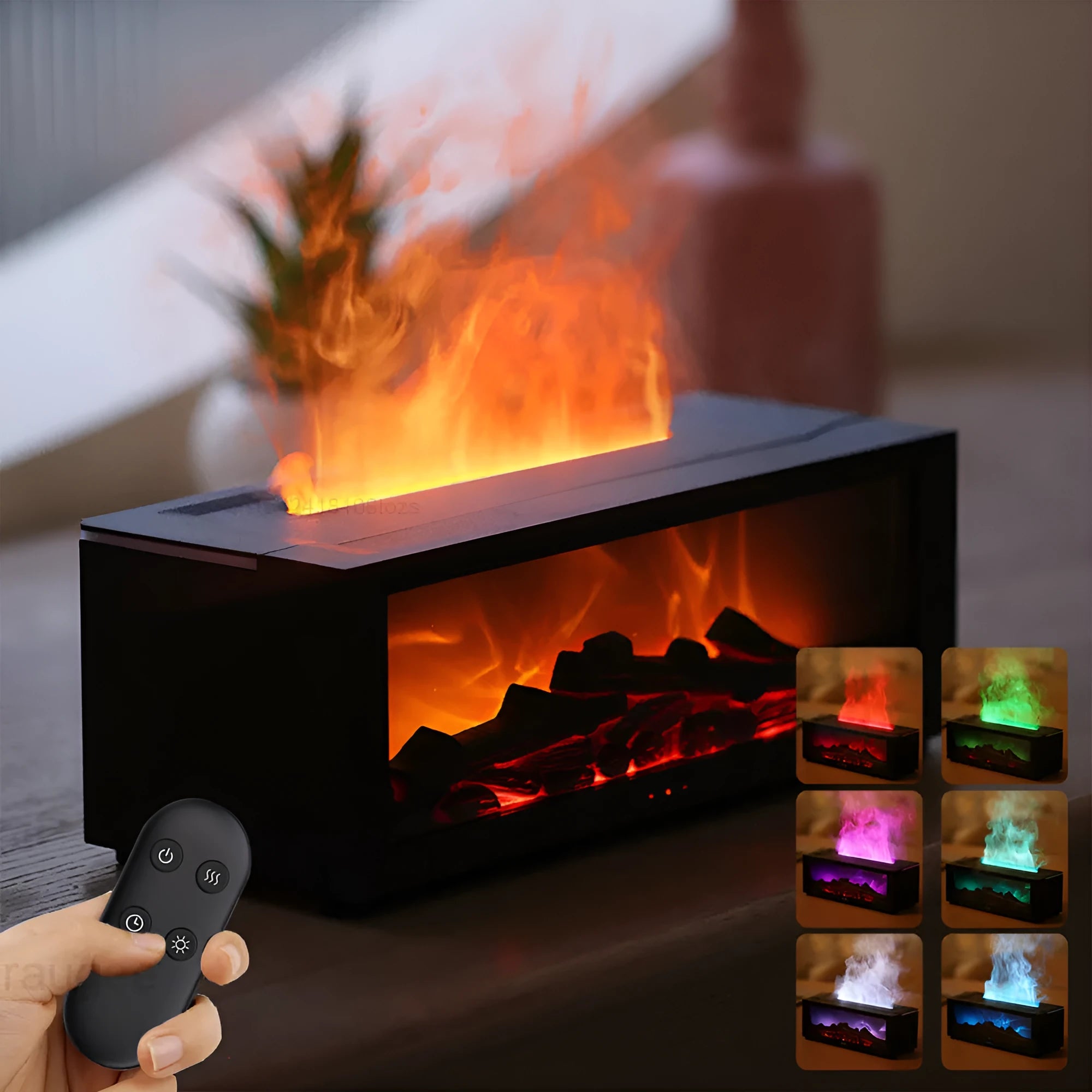 Square desktop flame effect essential oil diffuser humidifier with coloured LED base and remote control.