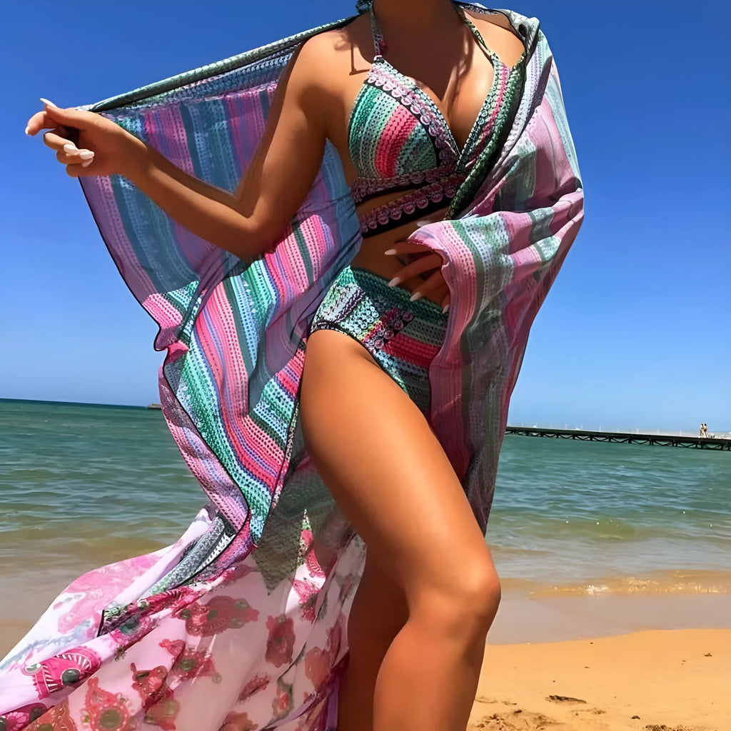 Women's cross bandage bikini swimsuit with high waist bottoms in blue, available in three-piece set