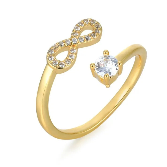 Geometric open band ring with engraved letter and zircon inlays in gold, rose gold, or silver finish
