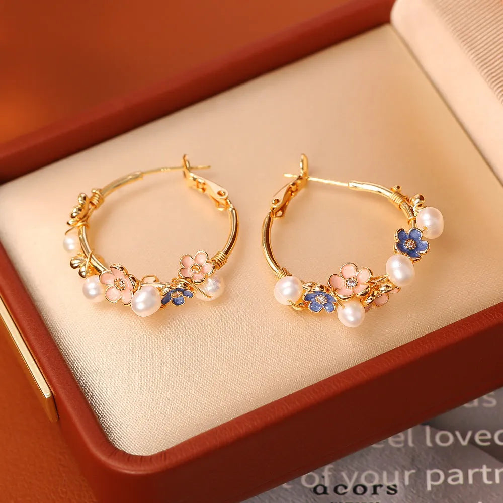 Natural freshwater pearl flower earrings with copper gold plated finish, flower shape, for women