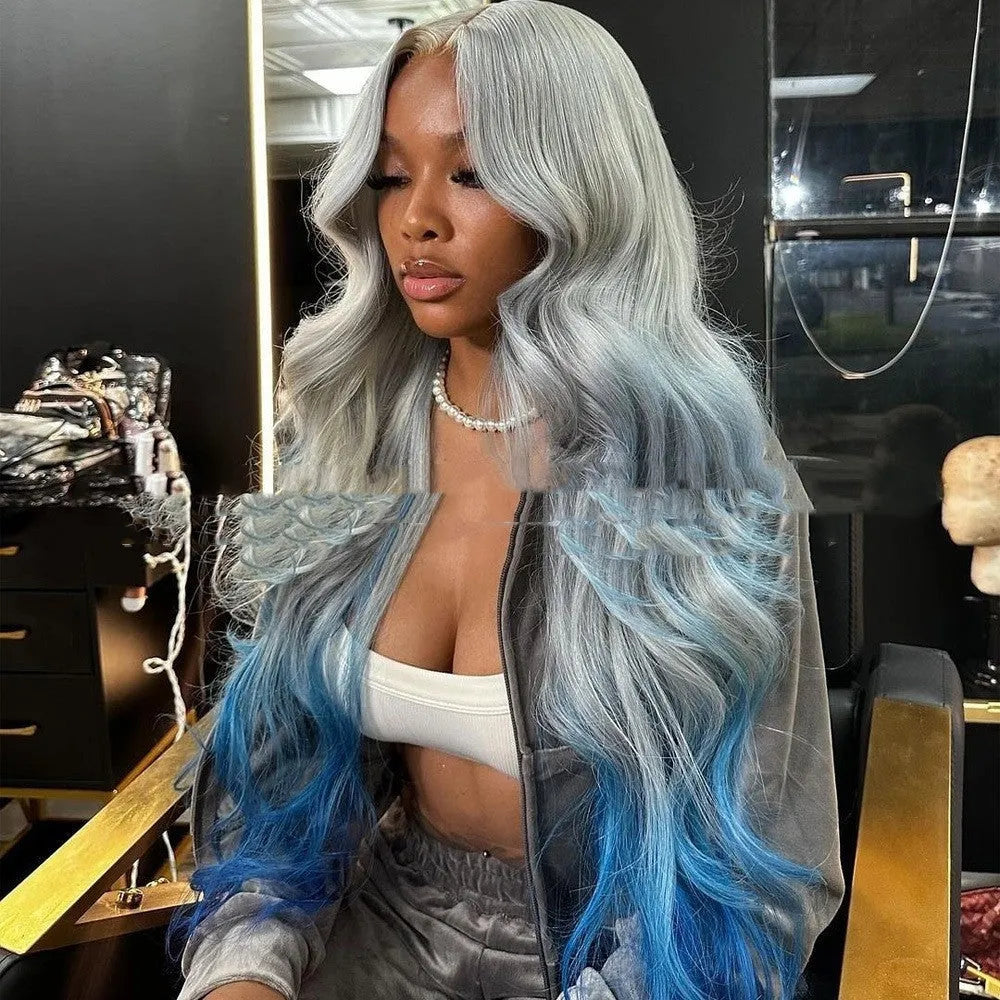 Grey blue gradient human hair lace front wig on a model, showing 4x4 lace construction.