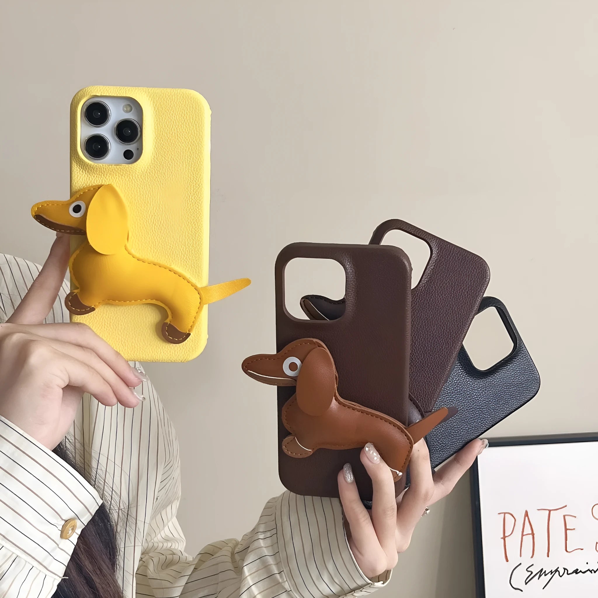 Creative three-dimensional leather sausage dog phone case for Apple iPhone in yellow anti-fall design