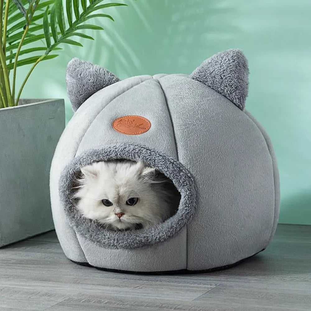 Large beige fully enclosed cat sofa winter nest with warm lining