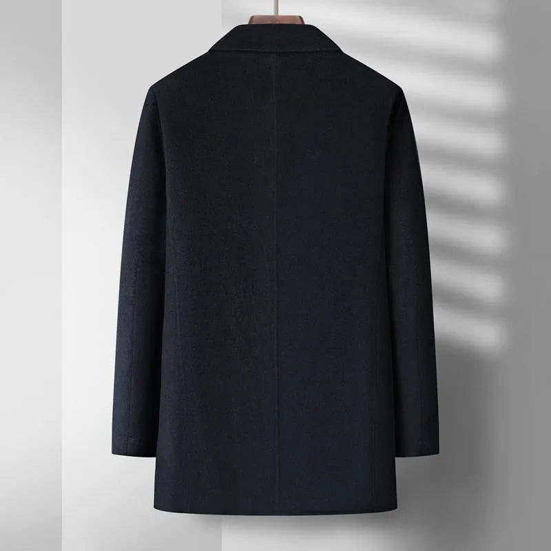 Men's mid-long wool double-faced overcoat with detachable down inner lining, black, visible stitch pockets, slim fit