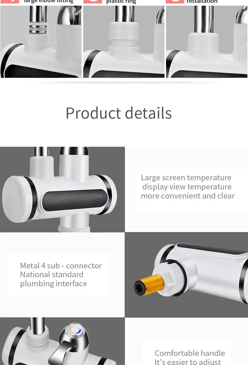 White kitchen instant electric water heater tap with digital temperature display