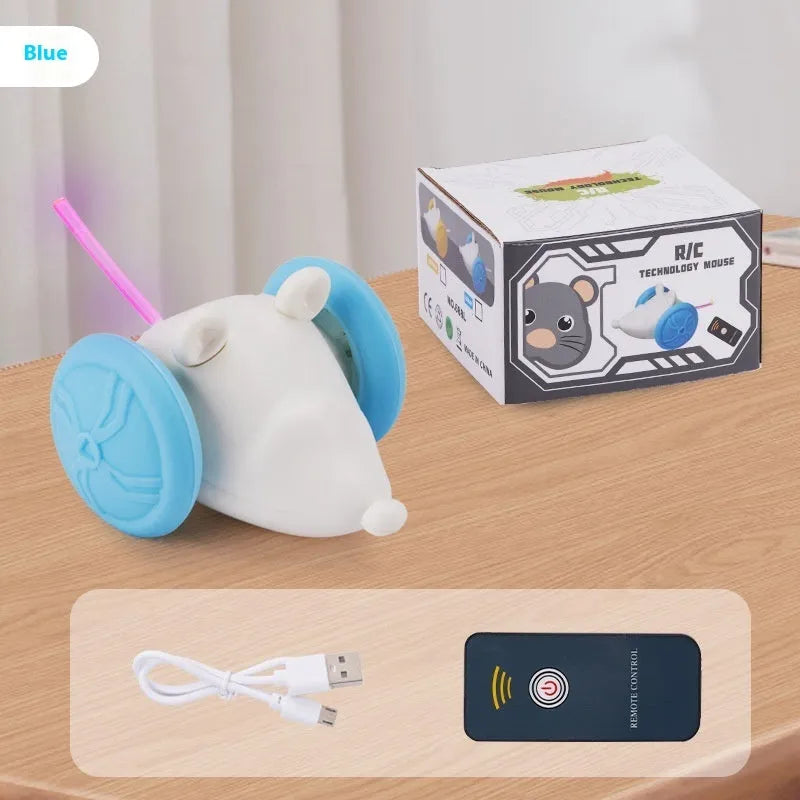 Blue and yellow technical mouse design electric cat toy with remote control