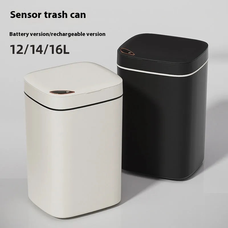 Square white automatic induction kitchen bin with sensor lid open, showing interior.