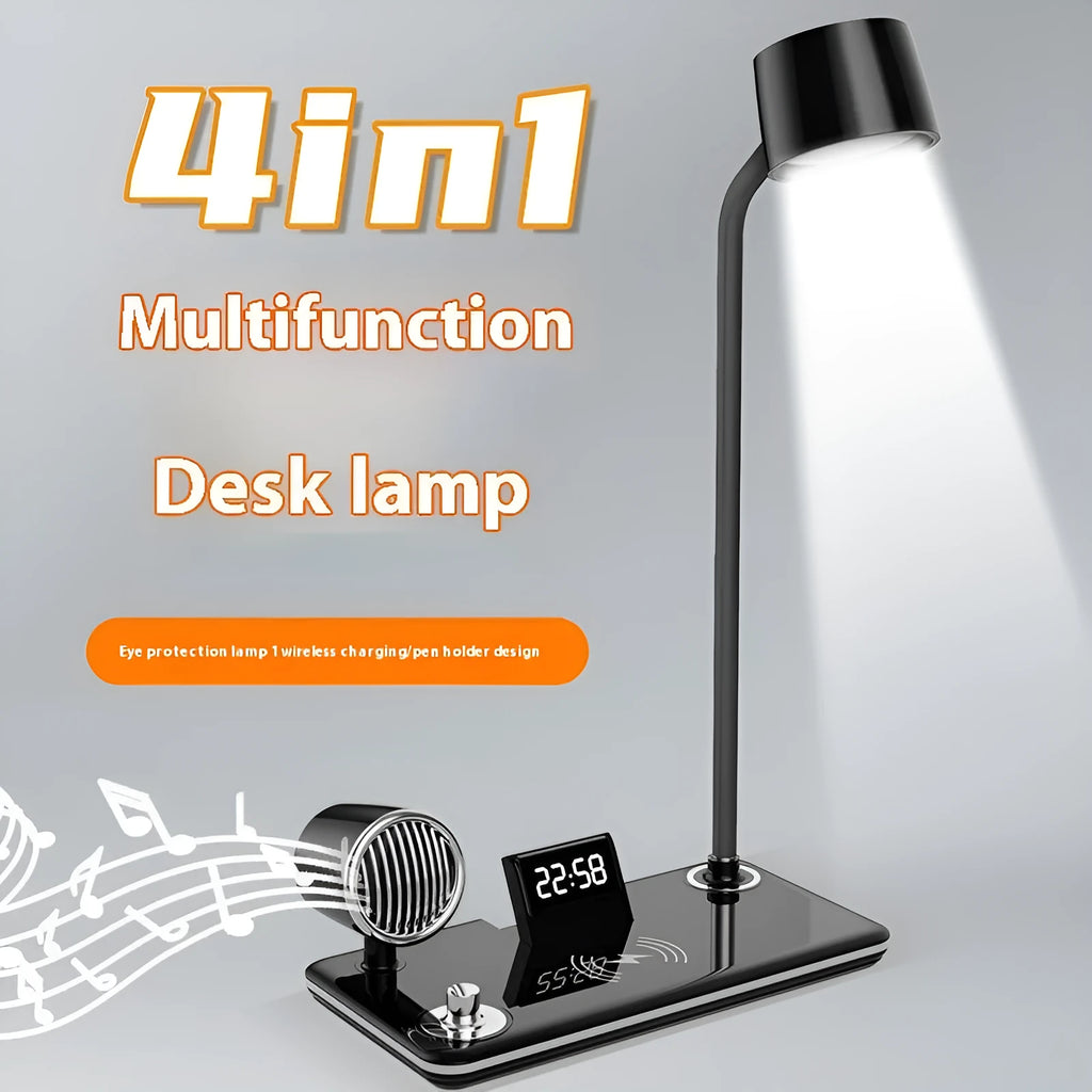Intelligent wireless charging lamp with digital clock display on desk in black colour