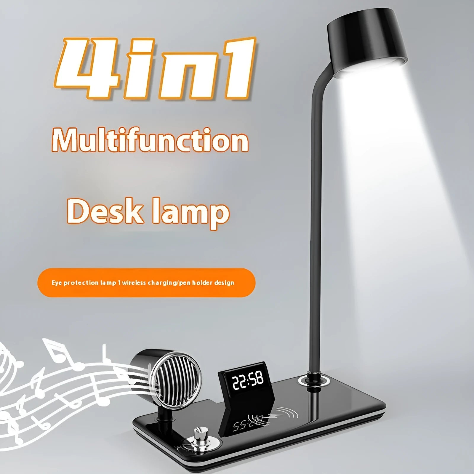 Intelligent wireless charging lamp with digital clock display on desk in black colour