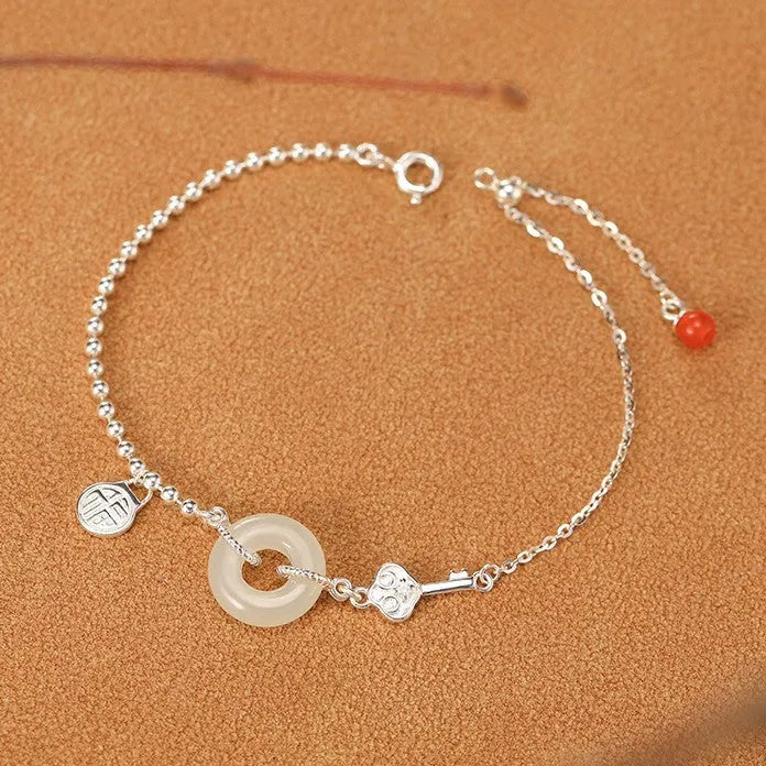 Women's 925 silver Hetian jade bracelet with geometry shape and Ruyi Xiaofu design