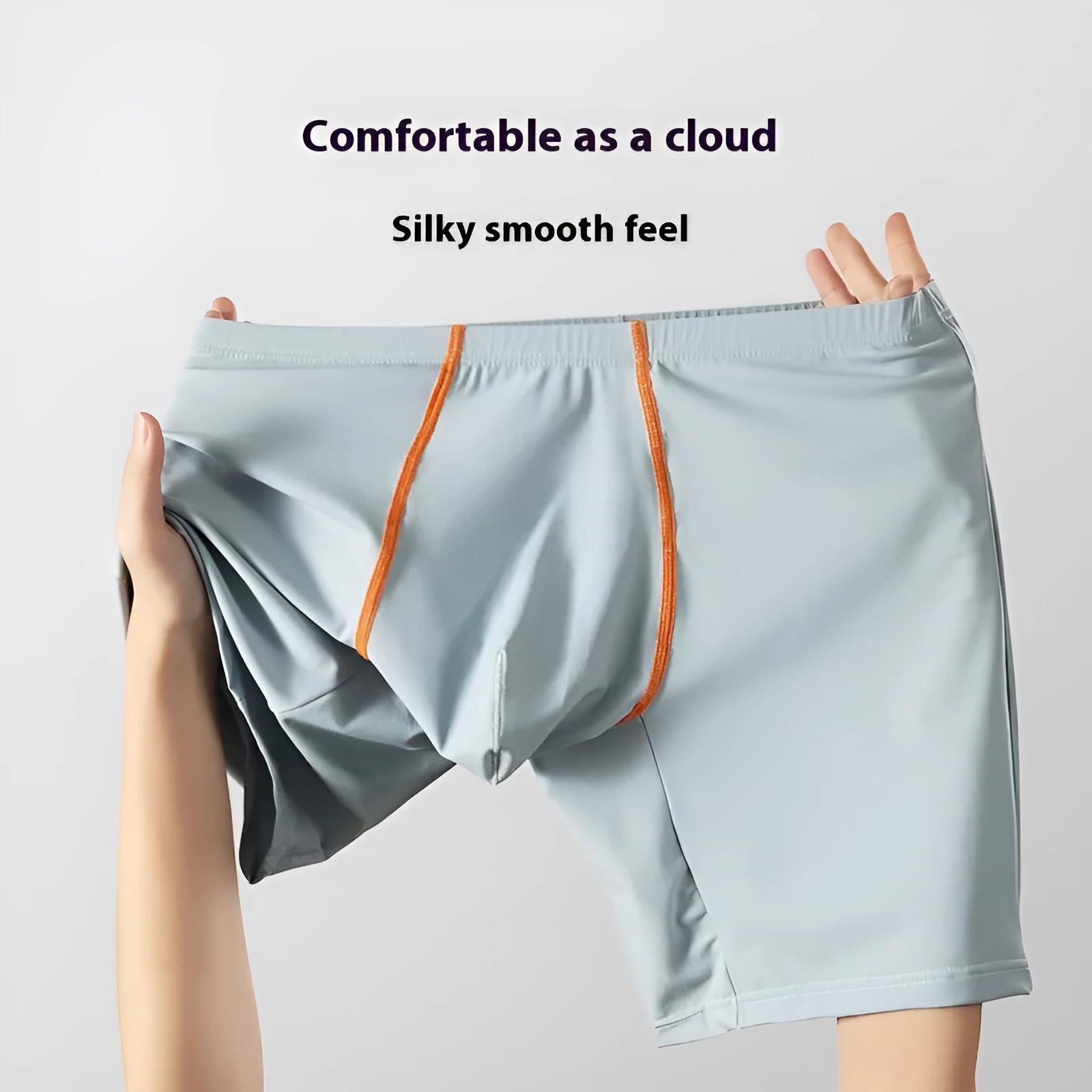 Men's mid-waist ice silk boxer underwear in black colour showing U-convex body shaping design