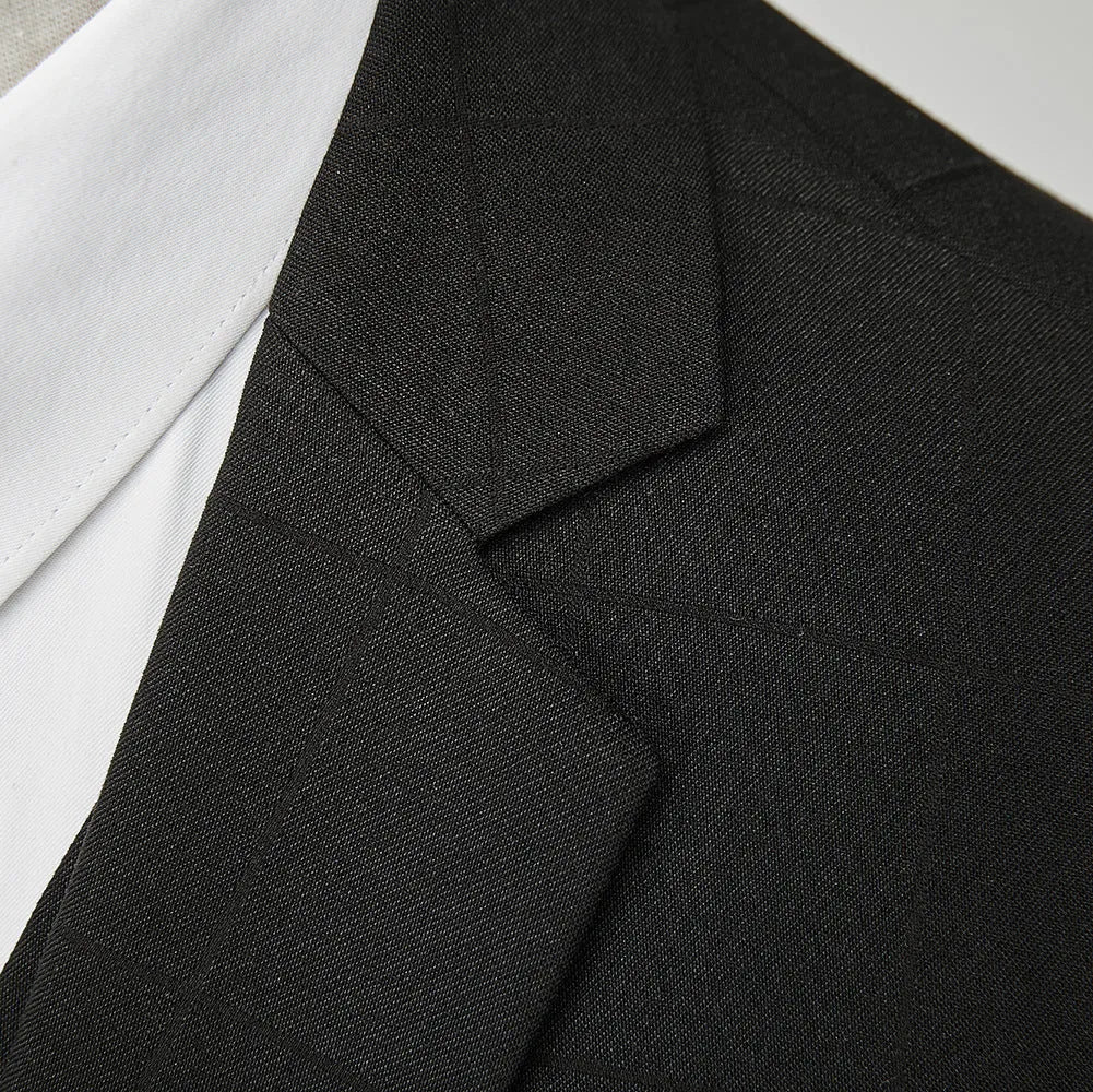 Men's navy blue plaid slim fit three-piece suit with jacket, vest, and trousers on hanger