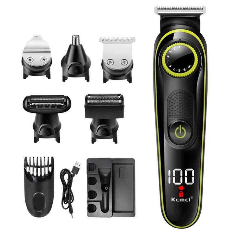 Black KM-696 rechargeable electric hair clipper set with USB cable and cleaning brush.