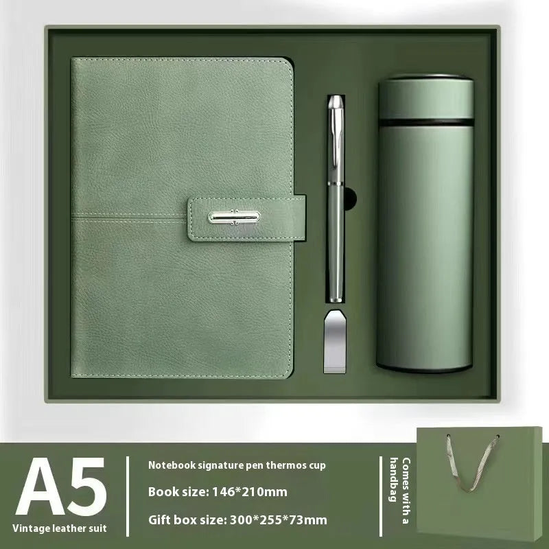 A5 size notebook with PU leather cover in various colours, showing wood-free paper inside.