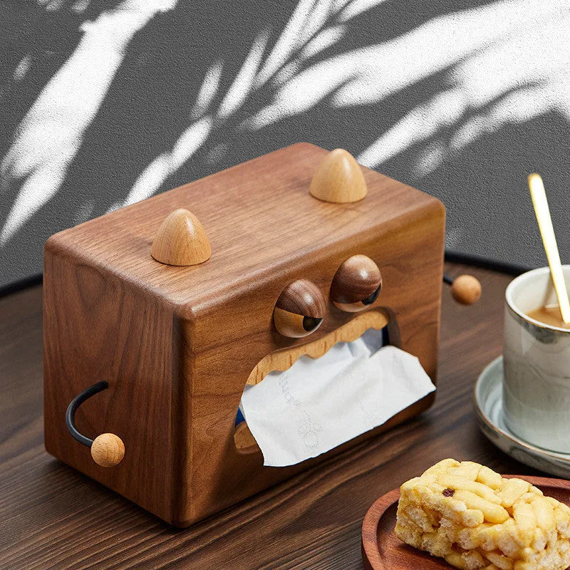 Solid wooden tissue box cover with cartoon monster carving in natural beech finish