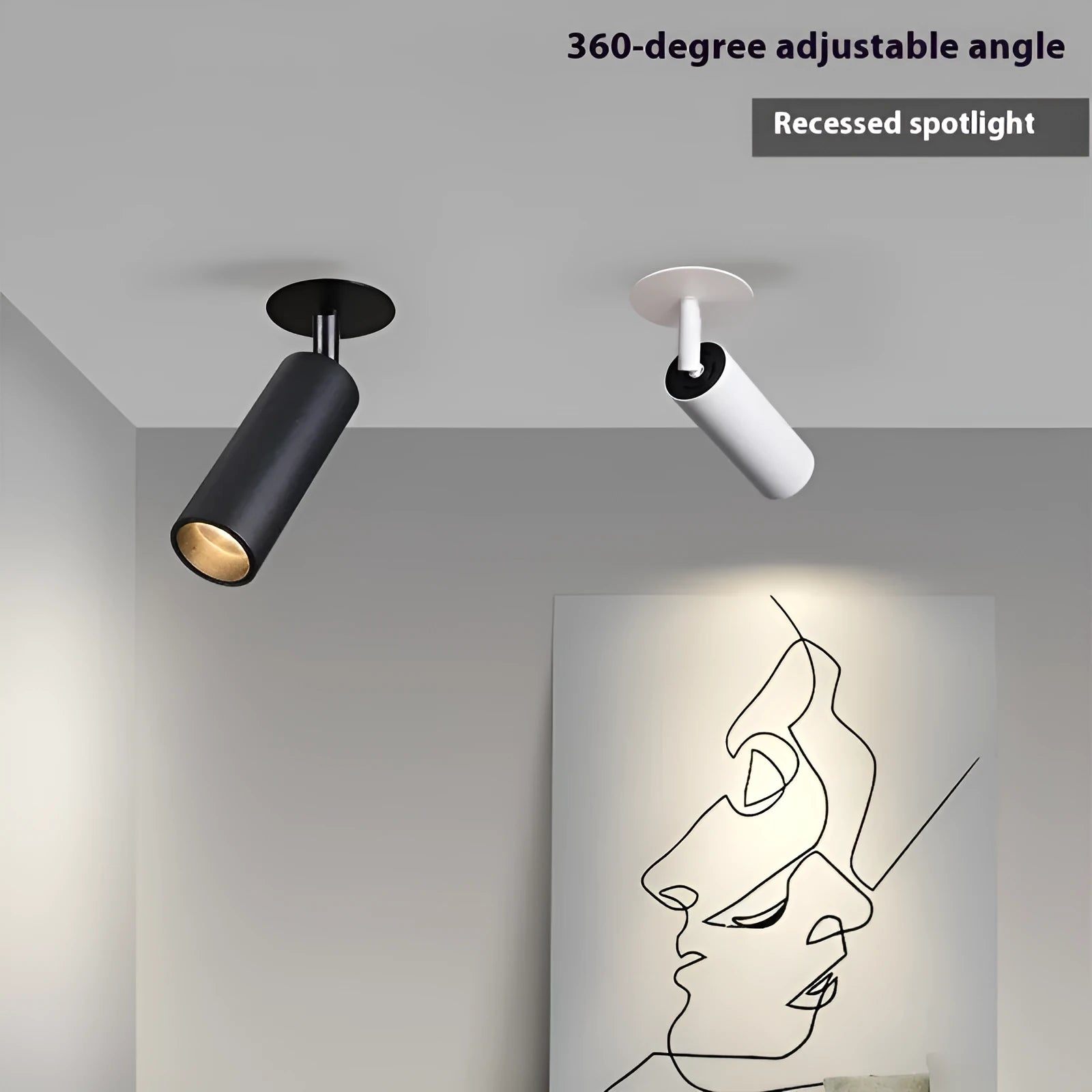 Embedded cylinder LED spotlight for 55-75mm holes with guide rail adjustment in black aluminium finish