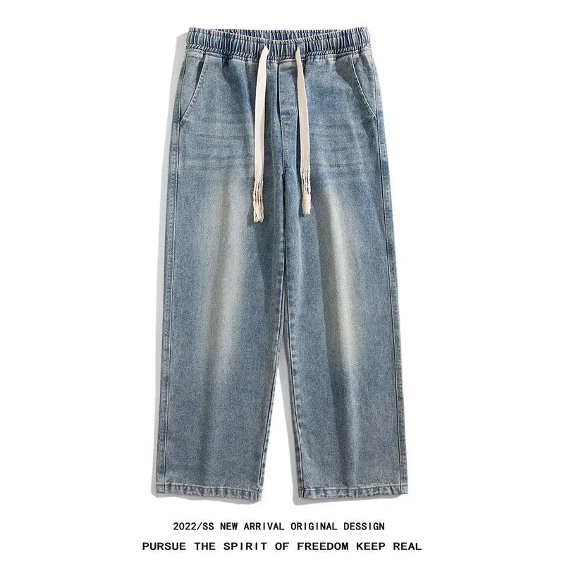 Hong Kong style retro heavy wash distressed loose fit blue jeans with fleece lining, ankle banded, size S-3XL