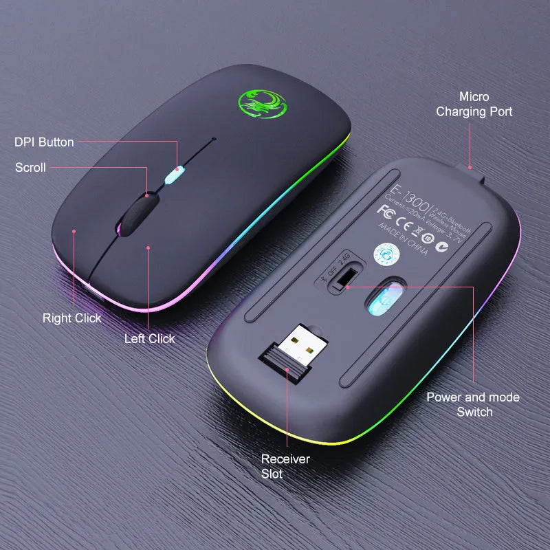 Black or white dual-mode wireless silent mouse with a scroll wheel and charging port.