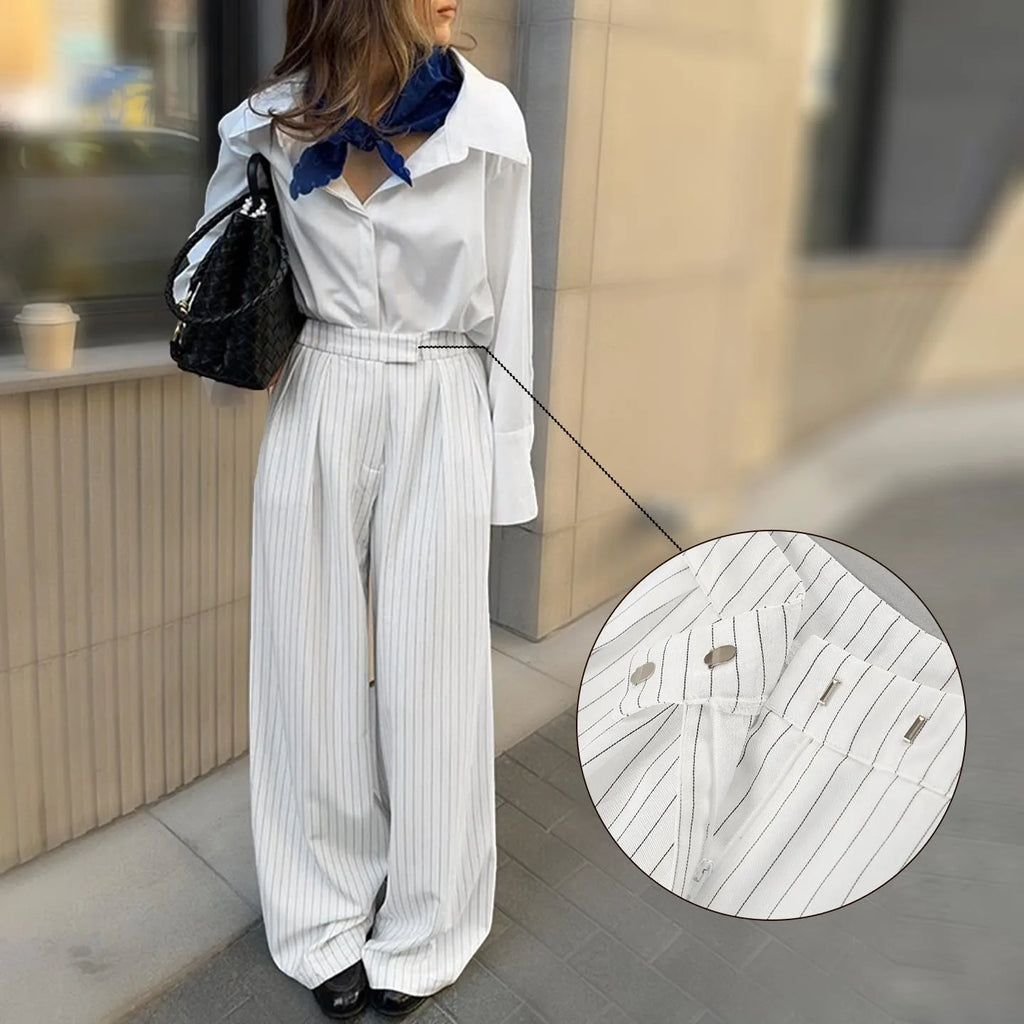 White striped wide-leg polyester pants with zipper, loose fit for commuting