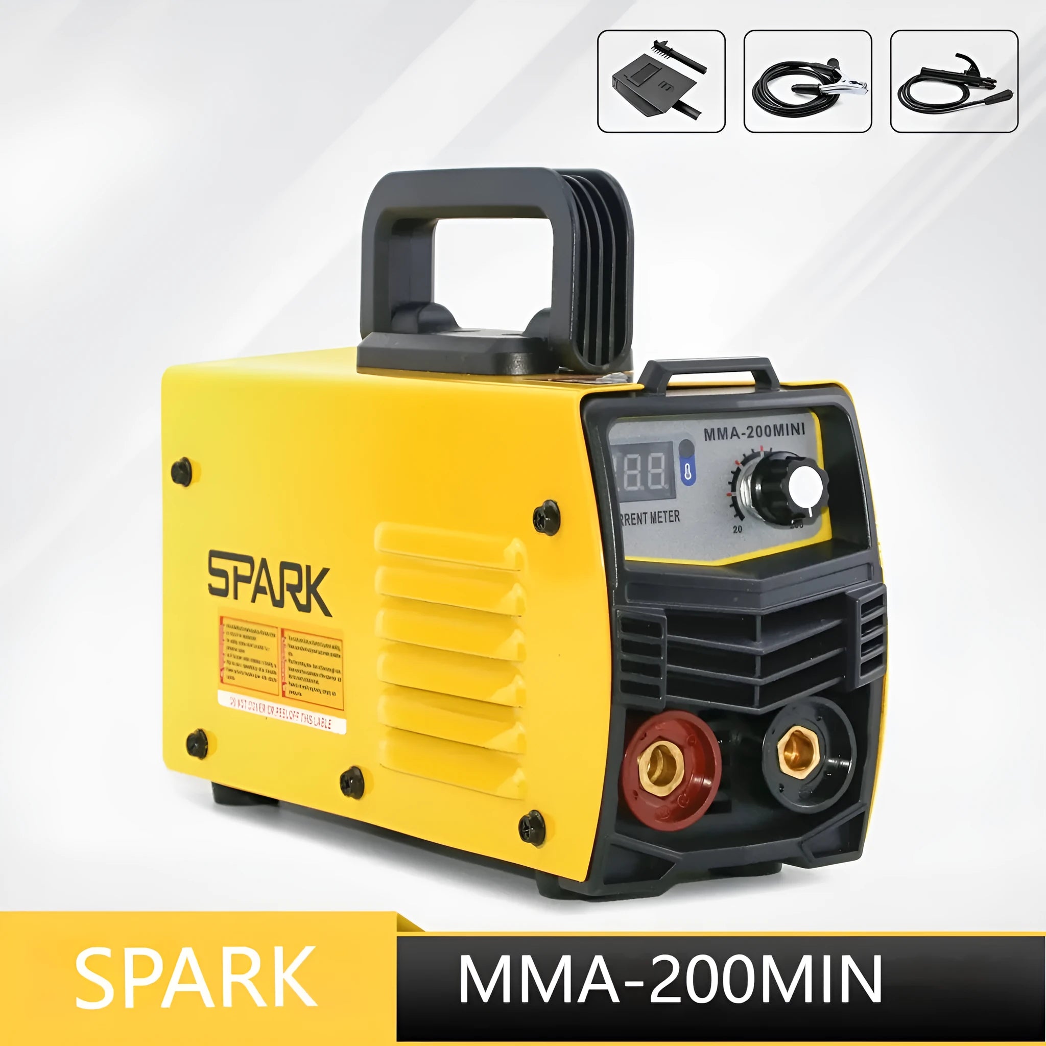 MMA-200MIN 220V DC inverter welding machine with welding tongs, grounding clamp, face shield and brush hanger accessories