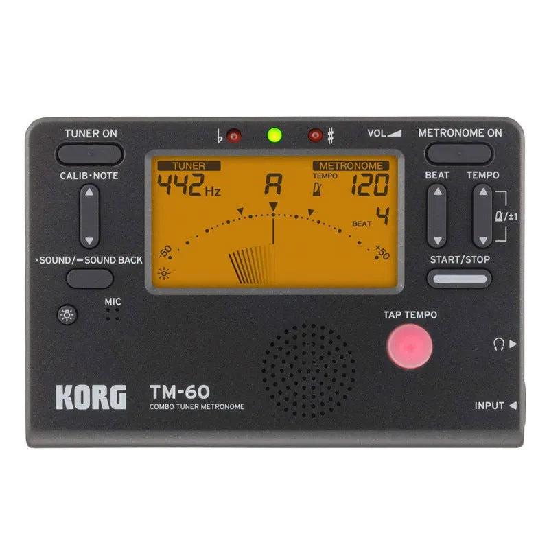 TM-60 black and white metronome tuner with digital display showing BPM and rhythm settings