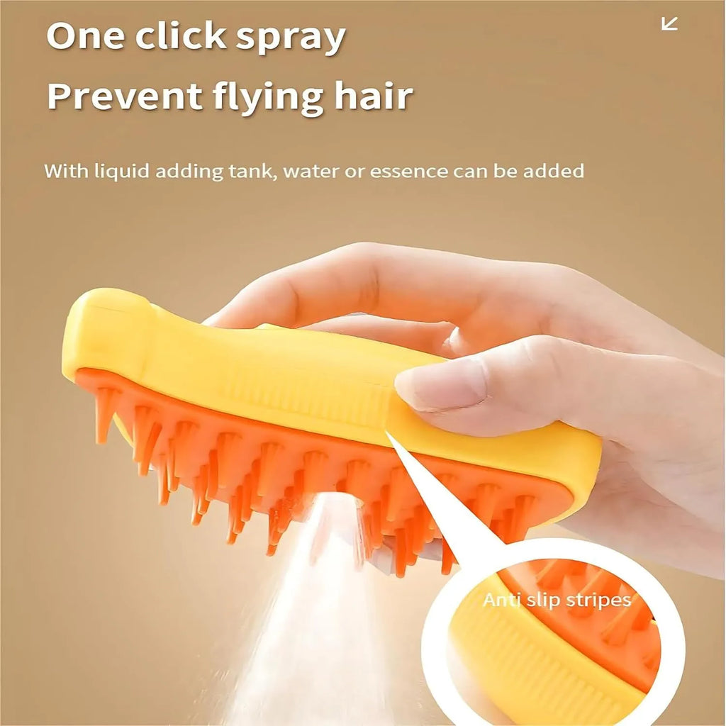 Green rechargeable 3-in-1 cat steam brush with silicone teeth for detangling, massage and steam cleaning
