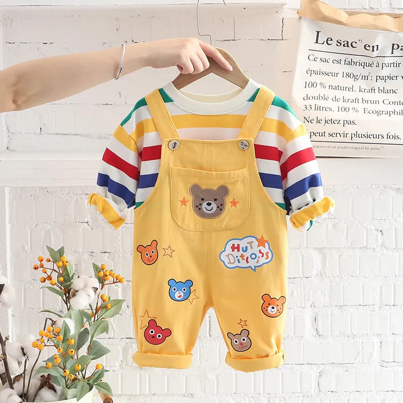 Boys' plaid top overalls suit in yellow and milky white cotton shirt and pants set for heights 80-120cm