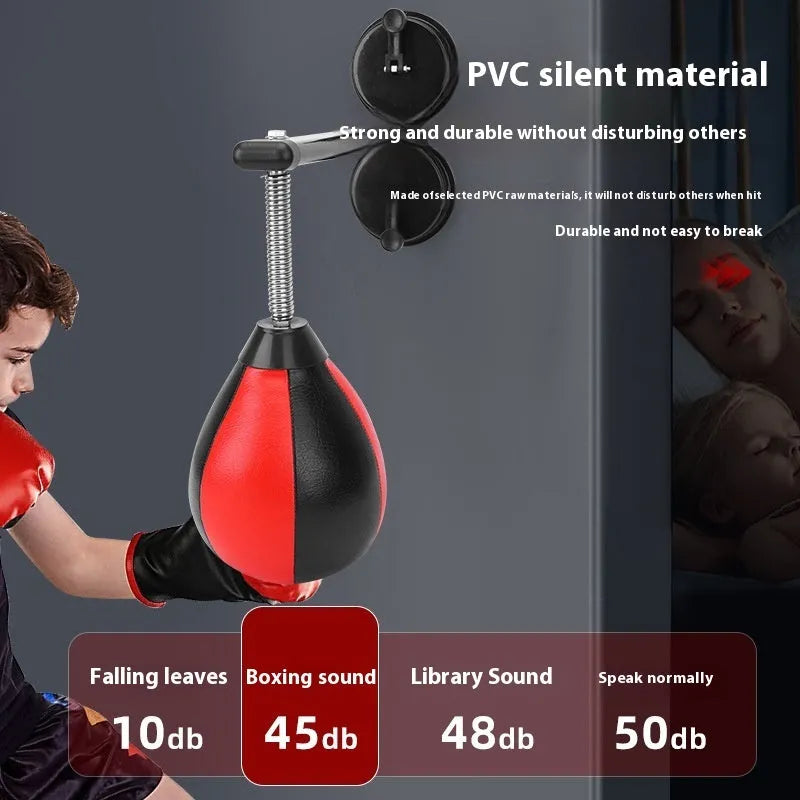 Red and black pear-shaped PU hanging speed ball with elastic band and suction cup mount for boxing training.