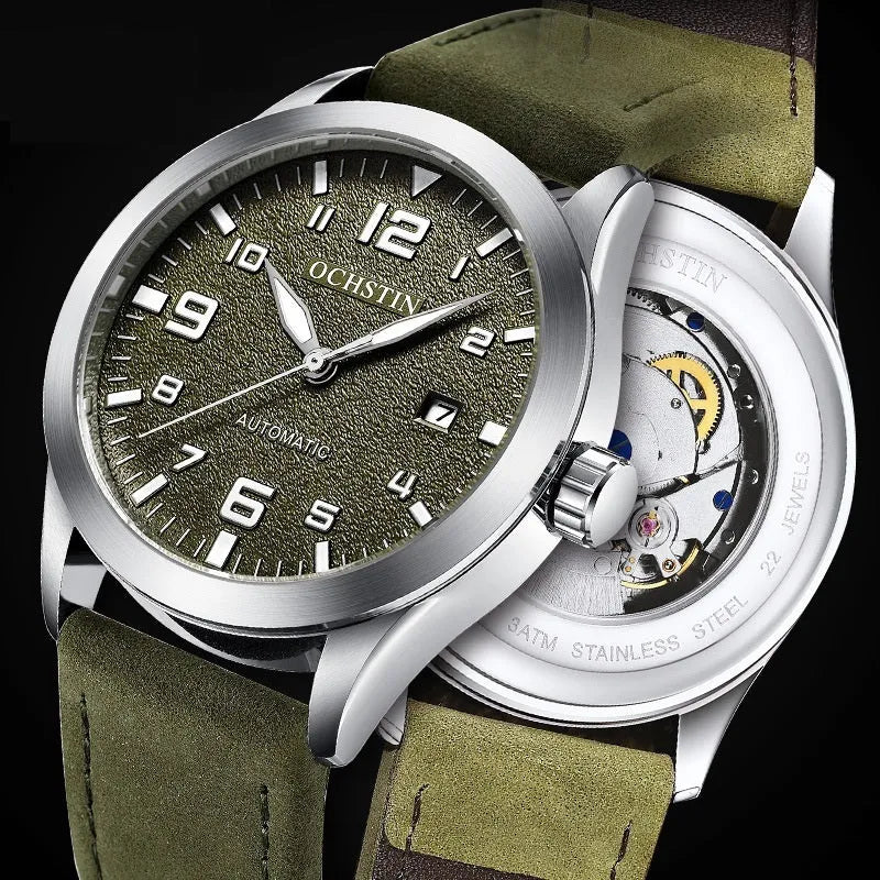 Men's retro automatic watch with leather strap on wrist