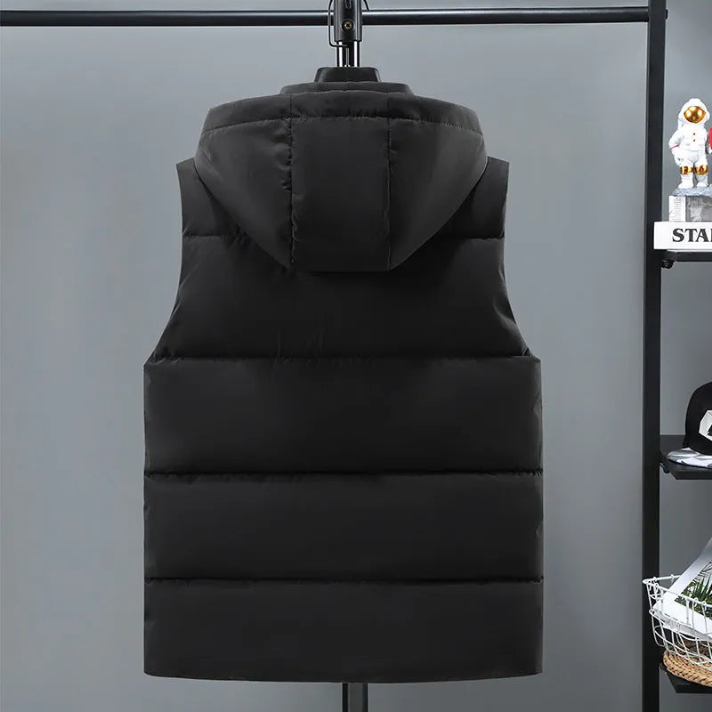 Men's black thickened vest with removable cap and straight hem design