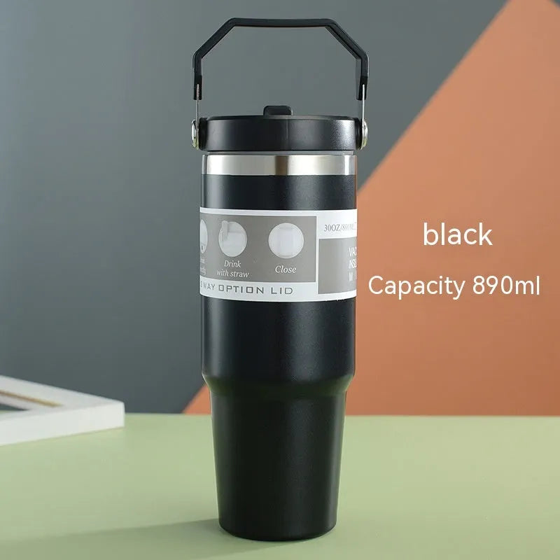 30oz stainless steel insulated travel tumbler with handle and cover in assorted colours.