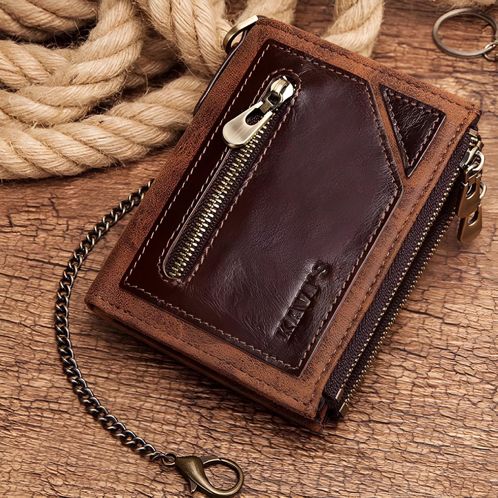 Dark brown men's leather wallet with metal chain and RFID anti-theft protection