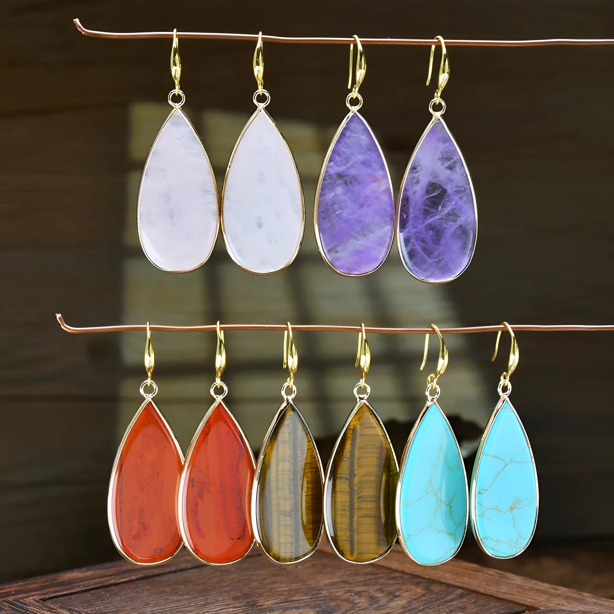 Vintage tigereye long water drop earrings in retro style with stone materials